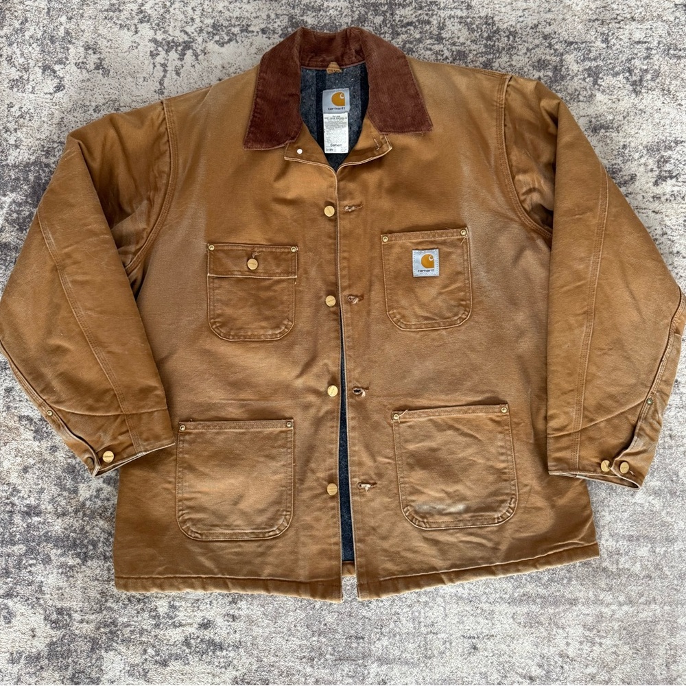 Vintage Carhartt Duck Chore Jacket 46R Blanket Lined Distressed Brown